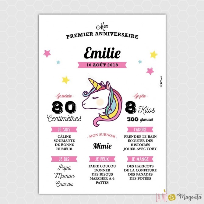 Poster Mon 1er Anniversaire Licorne La Vie En Magenta Poster Mon 1er Anniversaire Licorne La Vie En Magenta