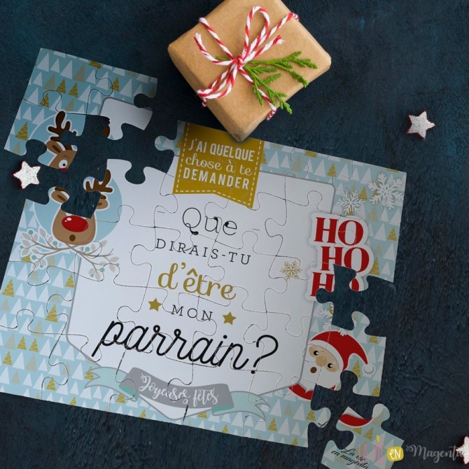 Annonce naissance, demande parrain originale sous forme de puzzle.